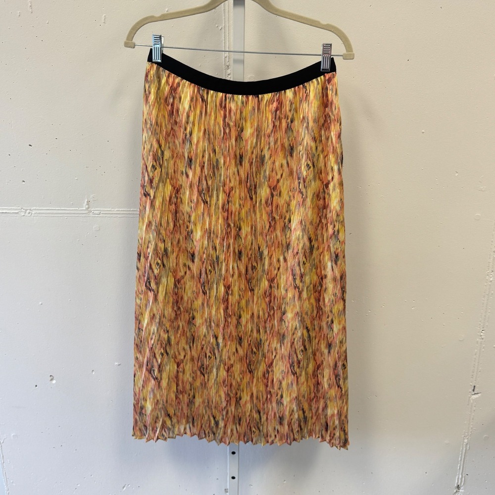 Tahari Pleated Midi Skirt Orange Yellow Abstract Brushstroke Print Elastic Waist